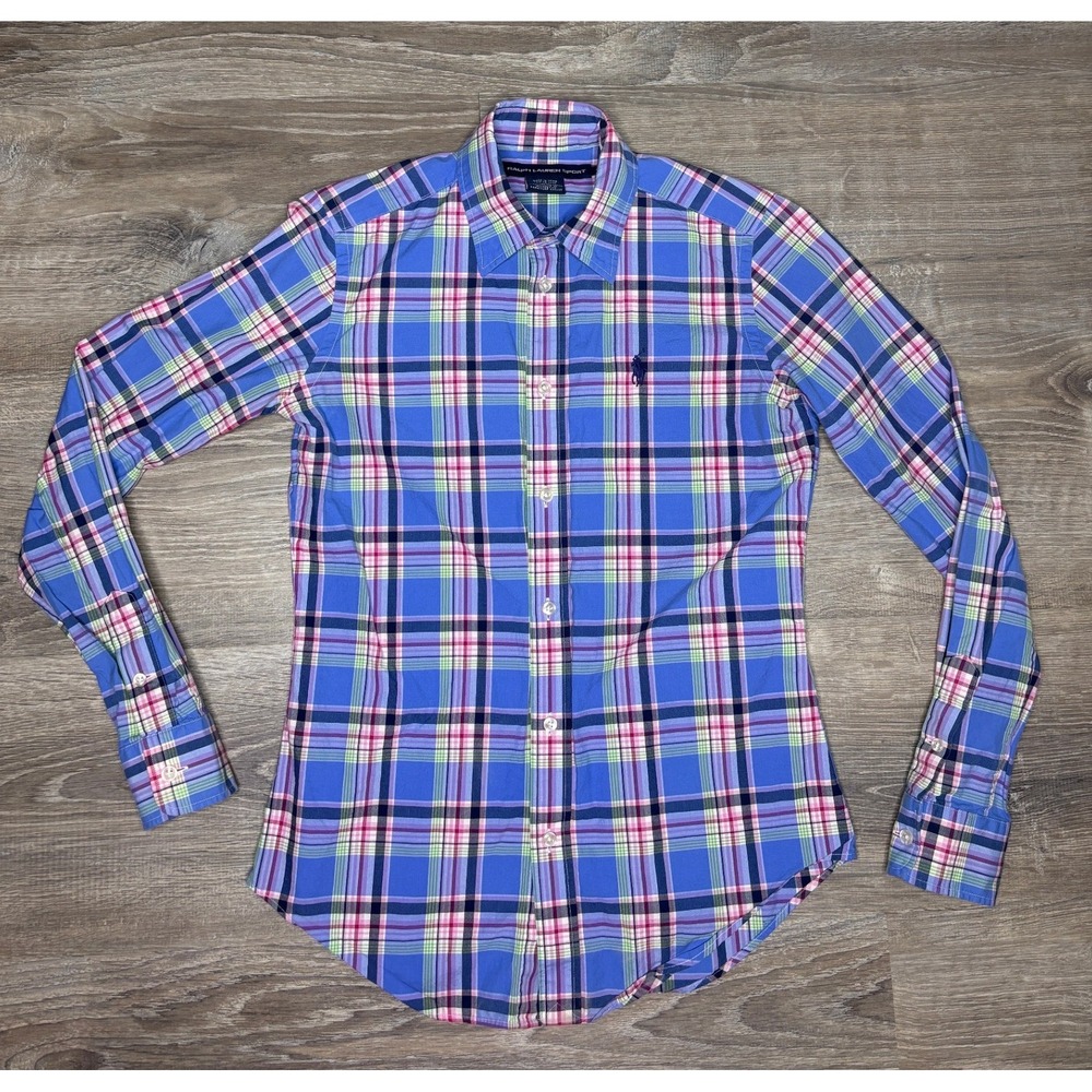 Ralph Lauren Sport Womens Blue Pink Plaid Cotton Button Down Shirt Size 4